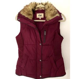 YMI Collection Burgundy Puffer Vest Faux Fur Neck Zip Sleeveless Outerwear Sz M